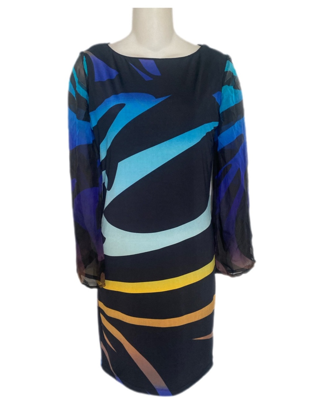 Analili Black Multi-Color Printed Sheer Silk Long-Sleeve Shift Dress Small S